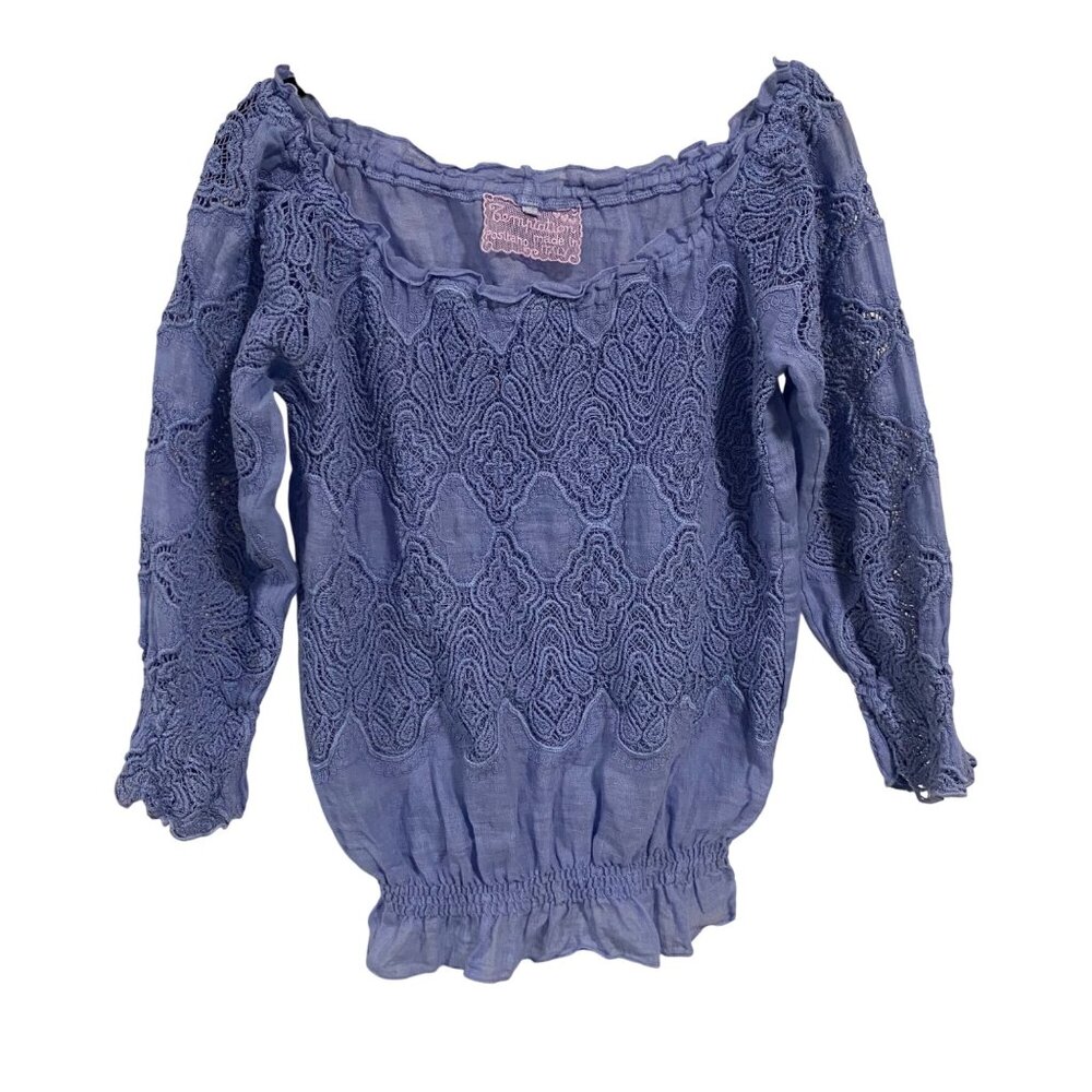 Temptation Positano Iris Blue Lace Linen Peasant Blouse Size S‎